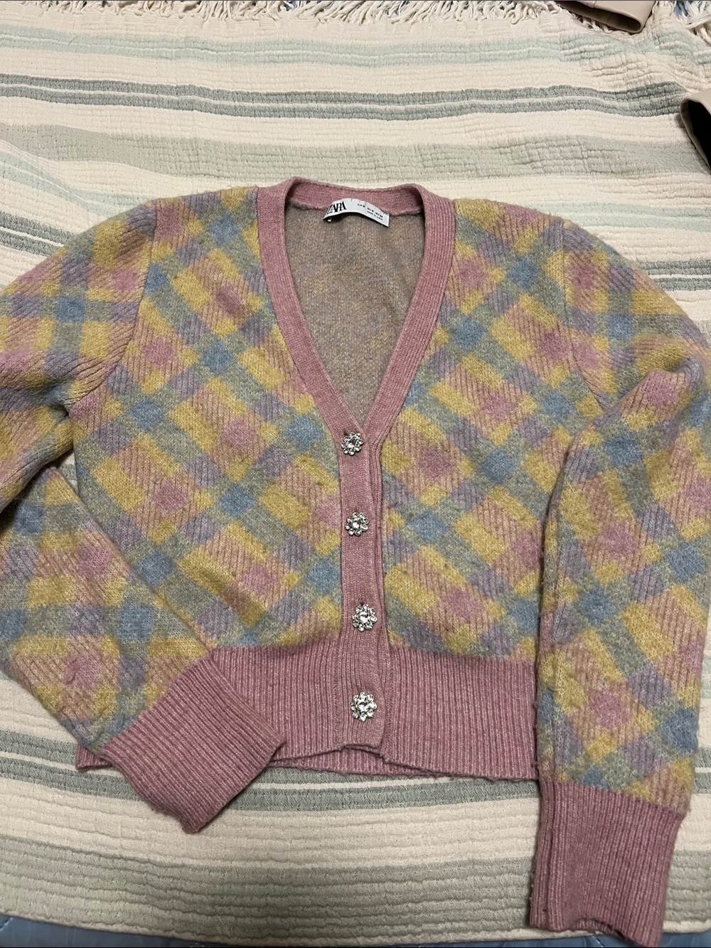 Zara Pastel Plaid V-Neck Cardigan in Pink, Blue & Yellow